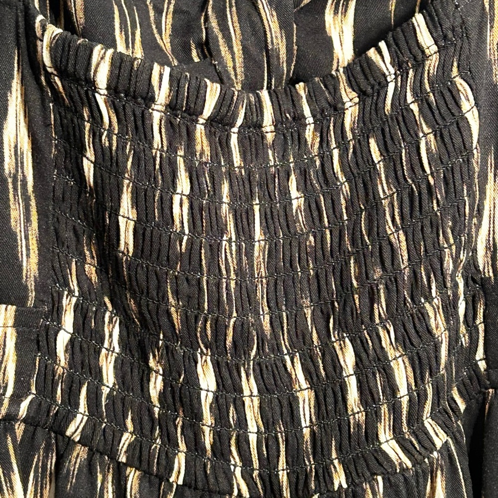 WOMENS LARGE BLACK MULTI PRINT TIE FRONT SHIRRED BACK ADJUSTABLE STRAP DRESS - Picture 9 of 10